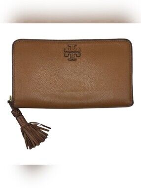 Tory Burch Brown Leather Zip Wallet with Braided Trim And Tassel